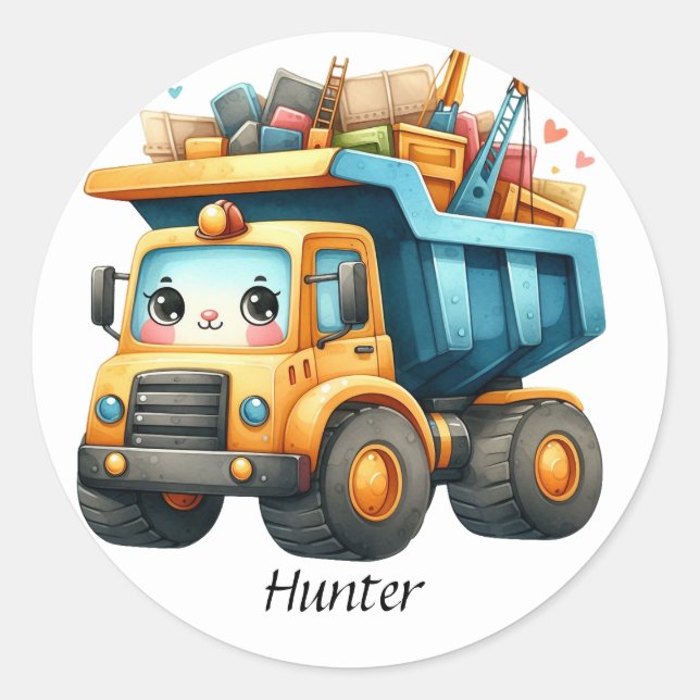 Boys Personalised name Dump Truck Classic Round Sticker (Front)