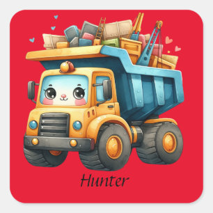 Boys Personalised name Dump Truck Square Sticker