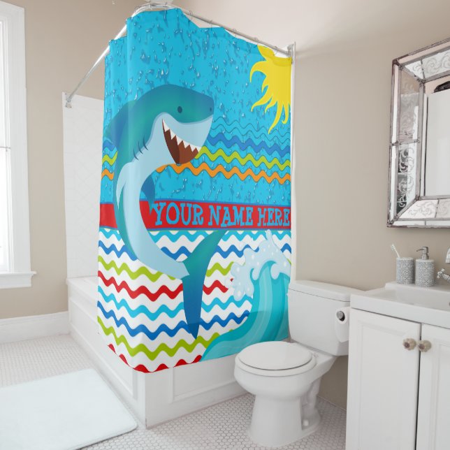 Boys Personalised Name Shark Bath Shower Curtain (In Situ)