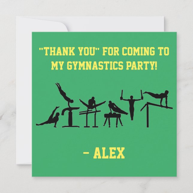 Boys PERSONALIZED Green / Yellow GYMNASTICS PARTY Thank You Card (Front)