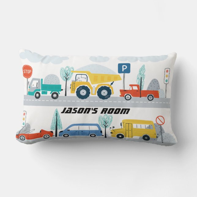 Boys Personalized Transport Vehicles Lumbar Pillow (Front)