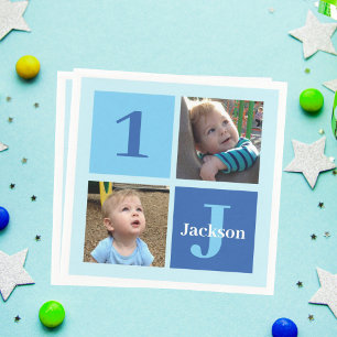 Boys Photo Collage Custom Blue Kids Birthday Party Napkin