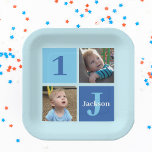 Boys Photo Collage Custom Blue Kids Birthday Party Paper Plate<br><div class="desc">Cool 2 photo personalised birthday party paper plate for a little boy or toddler. Celebrate your child's 1st birthday with cute photographs of them on this add your own photograph design with cool blue squares. Add their name and age.</div>