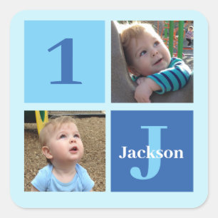 Boys Photo Collage Custom Blue Kids Birthday Party Square Sticker