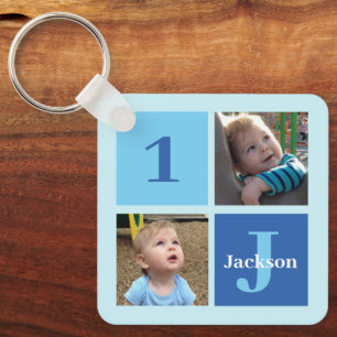 Boys Photo Collage Custom Blue Kids Photograph Key Ring