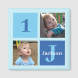 Boys Photo Collage Custom Blue Kids Photograph Magnet<br><div class="desc">Cool 2 photo personalised birthday magnet for the parent of a little boy or toddler. Celebrate your child's 1st birthday with cute photographs of them on this add your own photograph design with cool blue squares. Add their name and age.</div>