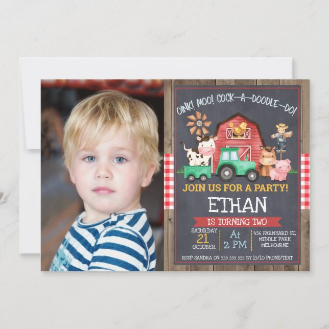 Boys Photo Farm Tractor Chalkboard Birthday Invitation (Front)