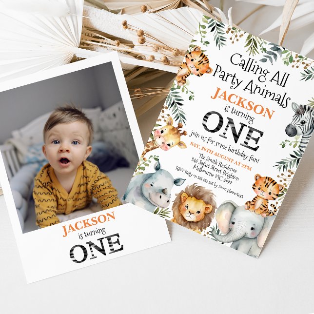 Boys Photo Greenery Safari 1st Birthday  Invitation (Boys safari 1st birthday invitation featuring some cute jungle animals and a photo on the back.)