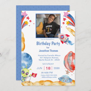  Boys Photo Outer Space Astronaut  Blue Red   Invitation