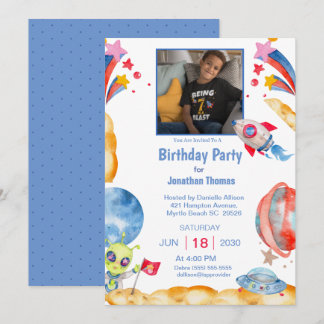 Boys Photo Outer Space Astronaut Blue Red Invitation