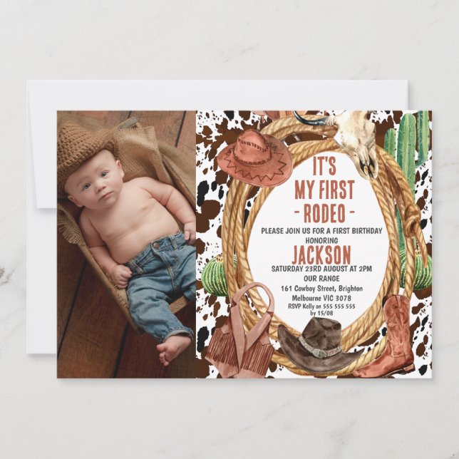 Boys Photo Rope My First Rodeo Cowboy 1st Birthday Invitation (Front)