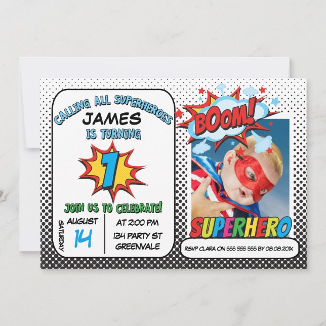 Boys Photo Superhero 1st Birthday Invitation (Front)