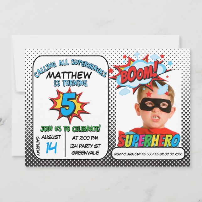 Boys Photo Superhero 5th Birthday Invitation (Front)