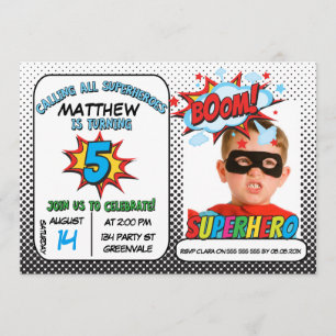 Boys Photo Superhero 5th Birthday Invitation