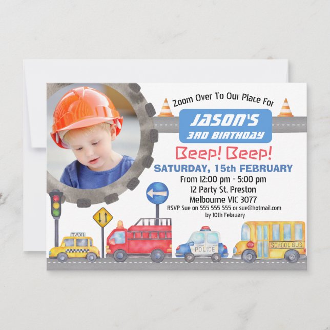 Boys Photo Transport Birthday Party Invitation (Front)