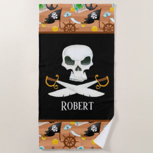 Boys pirate skull add name beach towel