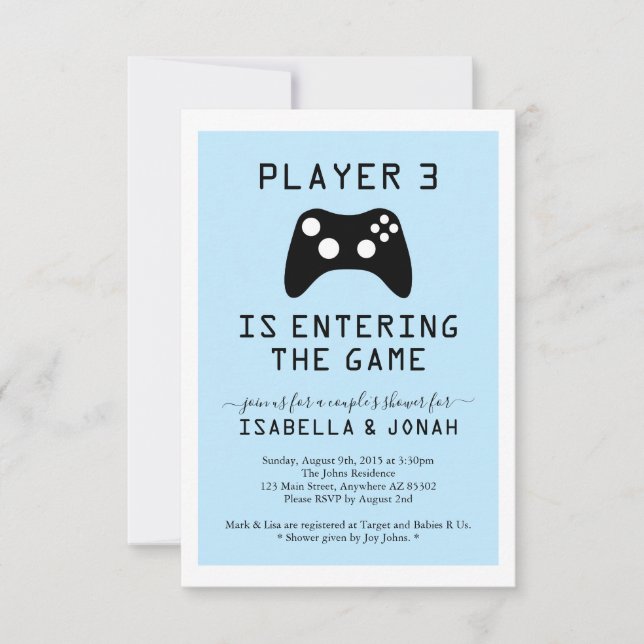 Boy's Player 3 Video Game Baby / Couple's Shower Invitation (Front)