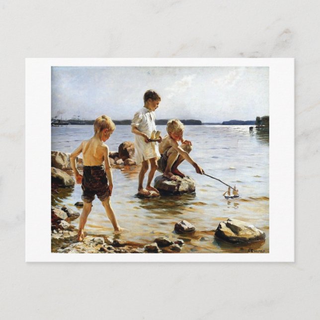 Boys playing at the beach postcard (Front)