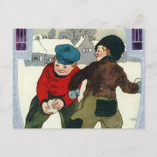 "Boys Playing Snowballs" Postcard