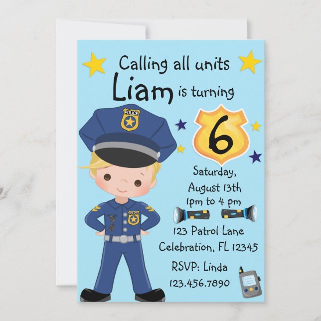 Boys Police Officer Birthday Invitation (Front)