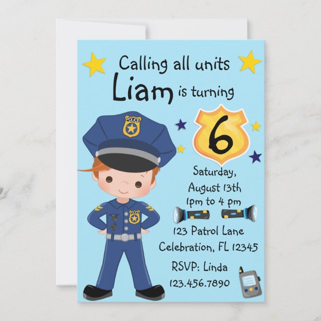 Boys Police Officer Birthday Invitation (Front)