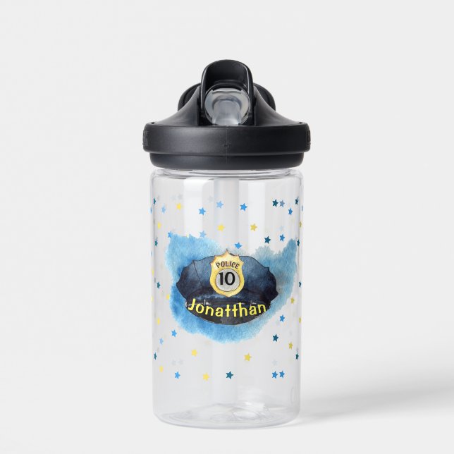 Boy's Police Officer Blue Hat Water Bottle (Front)