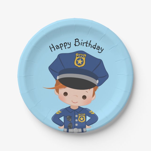 Boys Police Officer Happy Birthday Party Paper Plate (Front)