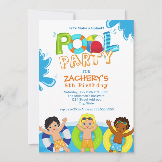 Boys Pool Party 8th Birthday Invitation (Front)
