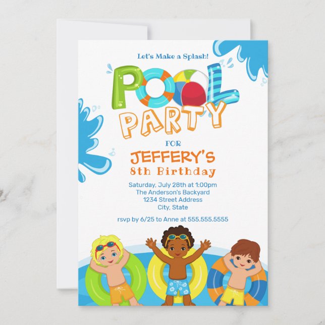 Boys Pool Party 8th Birthday Invitation (Front)