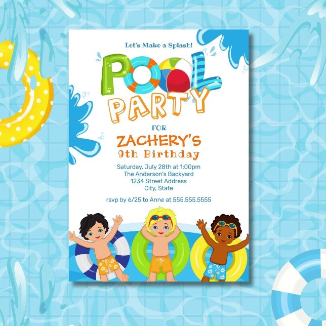 Boys Pool Party 9th Birthday Invitation (Creator Uploaded)