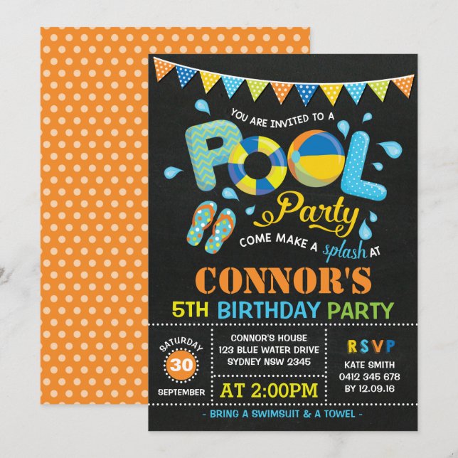Boys Pool Party Birthday Chalkboard Invitation (Front/Back)