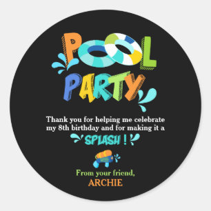 Boys Pool Party Birthday Thank You Favour Classic Round Sticker