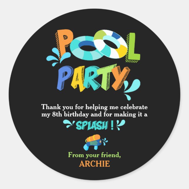 Boys Pool Party Birthday Thank You Favour Classic Round Sticker (Front)
