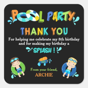 Boys Pool Party Birthday Thank You Favour Square Sticker