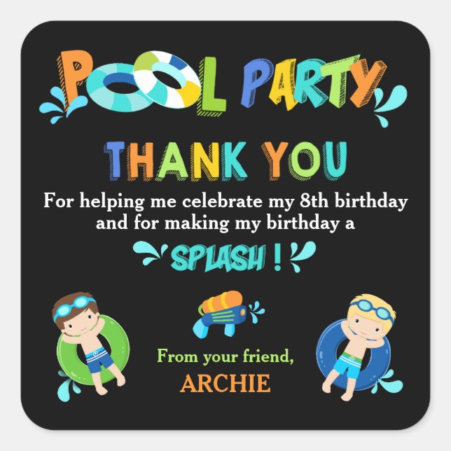 Boys Pool Party Birthday Thank You Favour Square Sticker (Front)