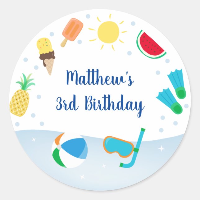 Boys Pool Party Ice Cream Birthday Classic Round Sticker (Front)
