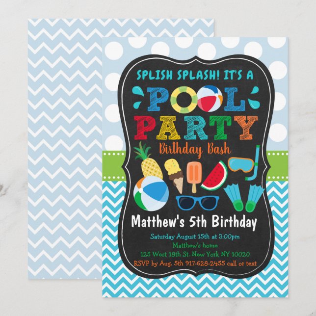 Boys Pool Party Ice Cream Birthday Invitation (Front/Back)