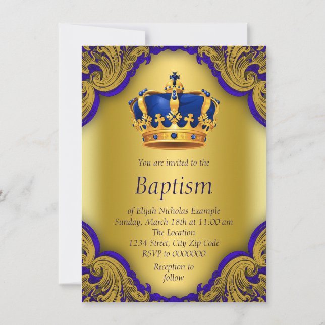 Boys Prince Baptism Royal Blue and Gold Crown Invitation (Back)