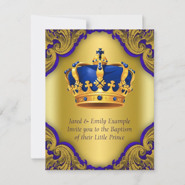 Boys Prince Baptism Royal Blue and Gold Crown Invitation (Front)