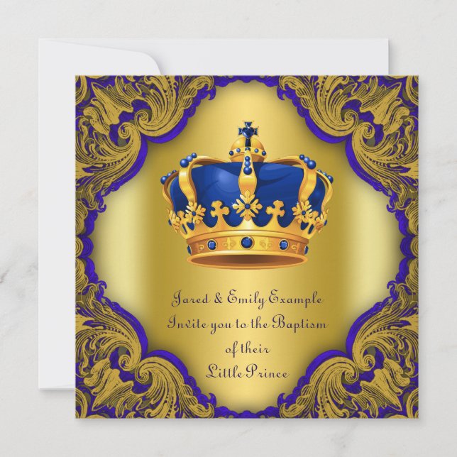 Boys Prince Baptism Royal Blue and Gold Crown Invitation (Front)