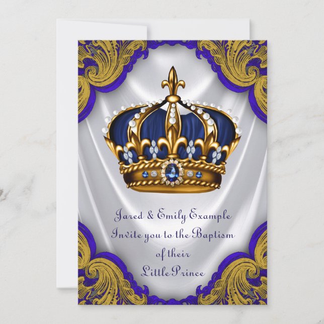 Boys Prince Baptism Royal Blue Gold Swirl Satin Invitation (Front)