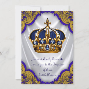 Boys Prince Baptism Royal Blue Gold Swirl Satin Invitation