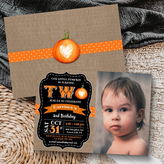 Boy's Pumpkin 2nd Birthday Photo Invitation (Creator Uploaded)