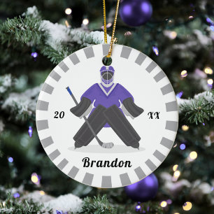Boys Purple Ice Hockey Players Name Winter Striped Ceramic Tree Decoration
