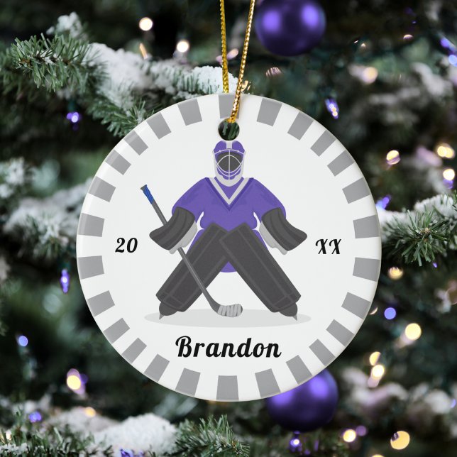 Boys Purple Ice Hockey Players Name Winter Striped Ceramic Tree Decoration (Creator Uploaded)