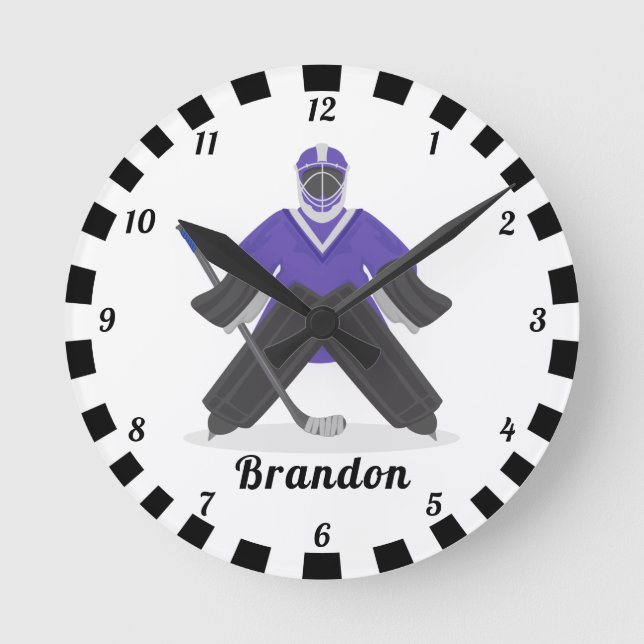 Boys Purple Ice Hockey Players Name Winter Striped Round Clock (Front)