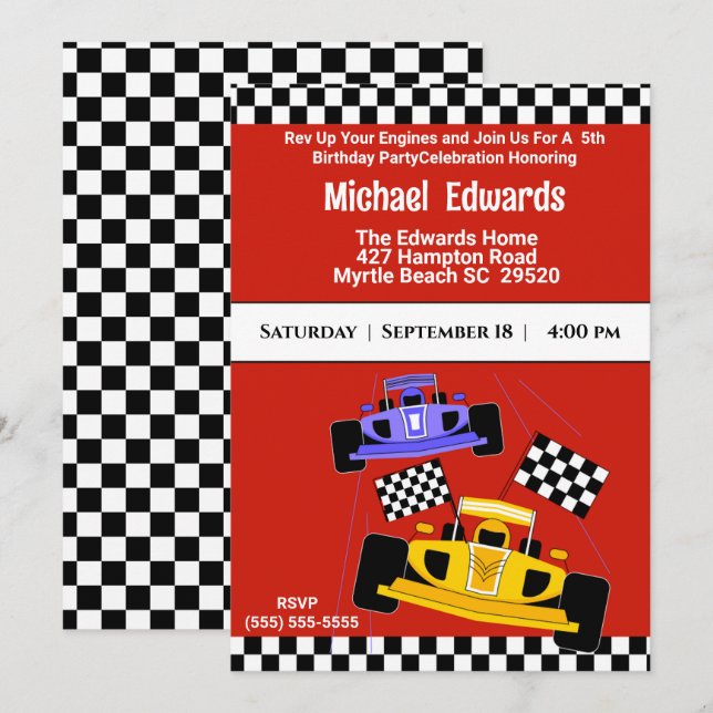 Boys Race Car Birthday Invitations (Front/Back)