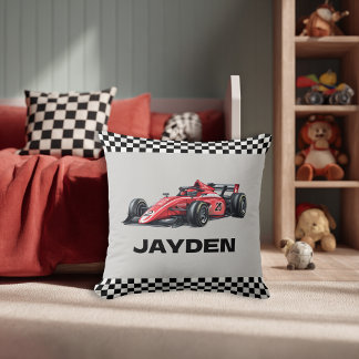 Boys Racing Car Checkered Personalised Cushion
