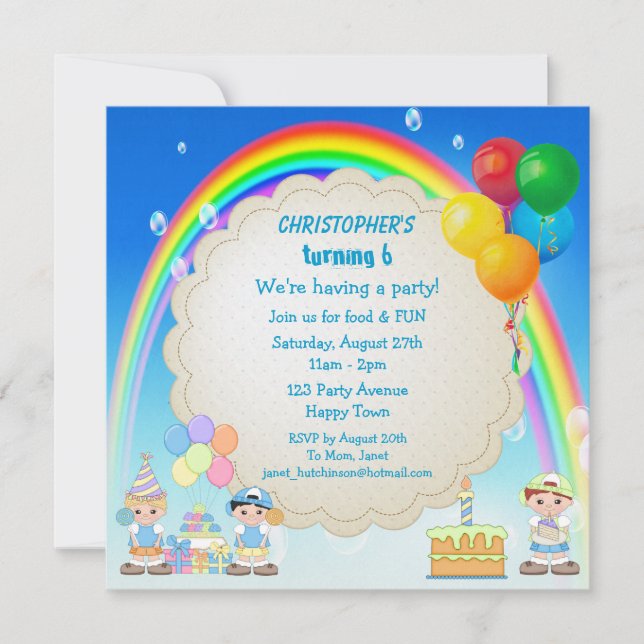 Boy's Rainbow & Cake Birthday Party Invites (Front)