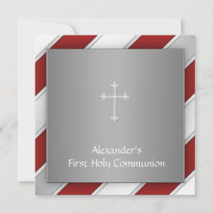 Boys Red and Silver First Communion Invitation